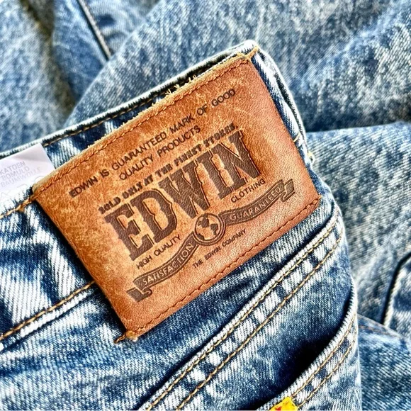 Vintage 80s EDWIN Acid Wash Blue Denim Jeans High Rise Straight Leg Raw Hem 32” - Picture 9 of 13